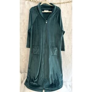 Eileen West L XL Dark Green Longline Robe Bathrobe Long Sleeve Velour Zip Up